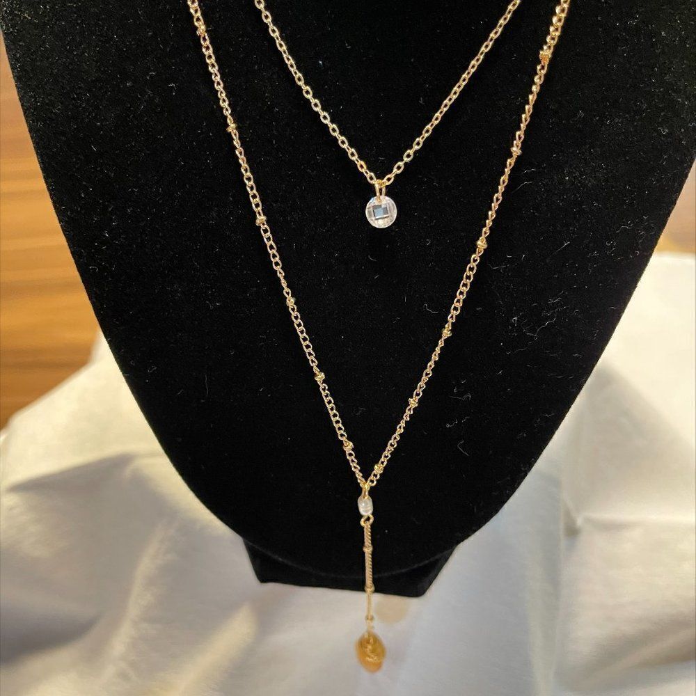 2 tiered chain necklace with faux amber, pearl drop, clear crystal,